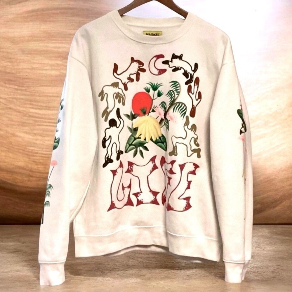 Market UO Exclusive Life Cycle Crew Neck Sweatshirt Cream Floral Sleeve Medium